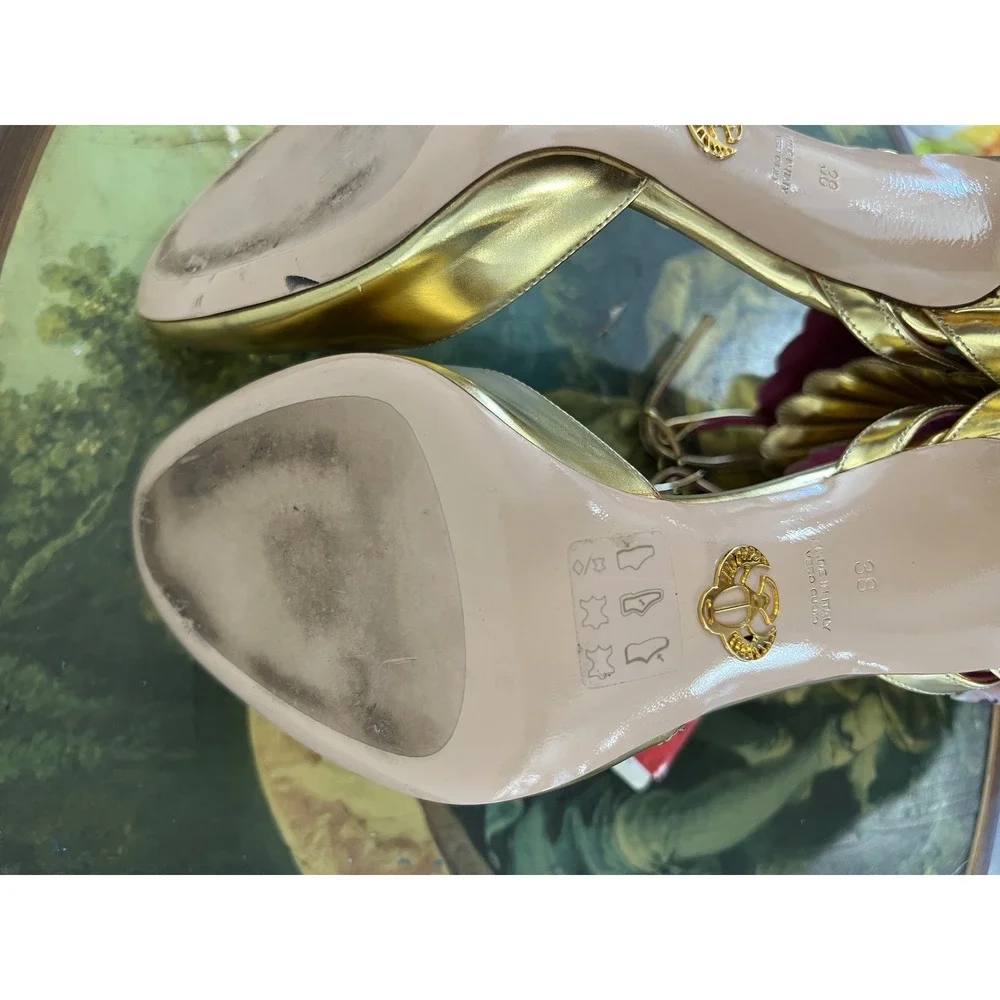 Oscar Tiye Malikah Gold Metallic Winged Ankle Strap Stiletto Heels Pumps EU 38